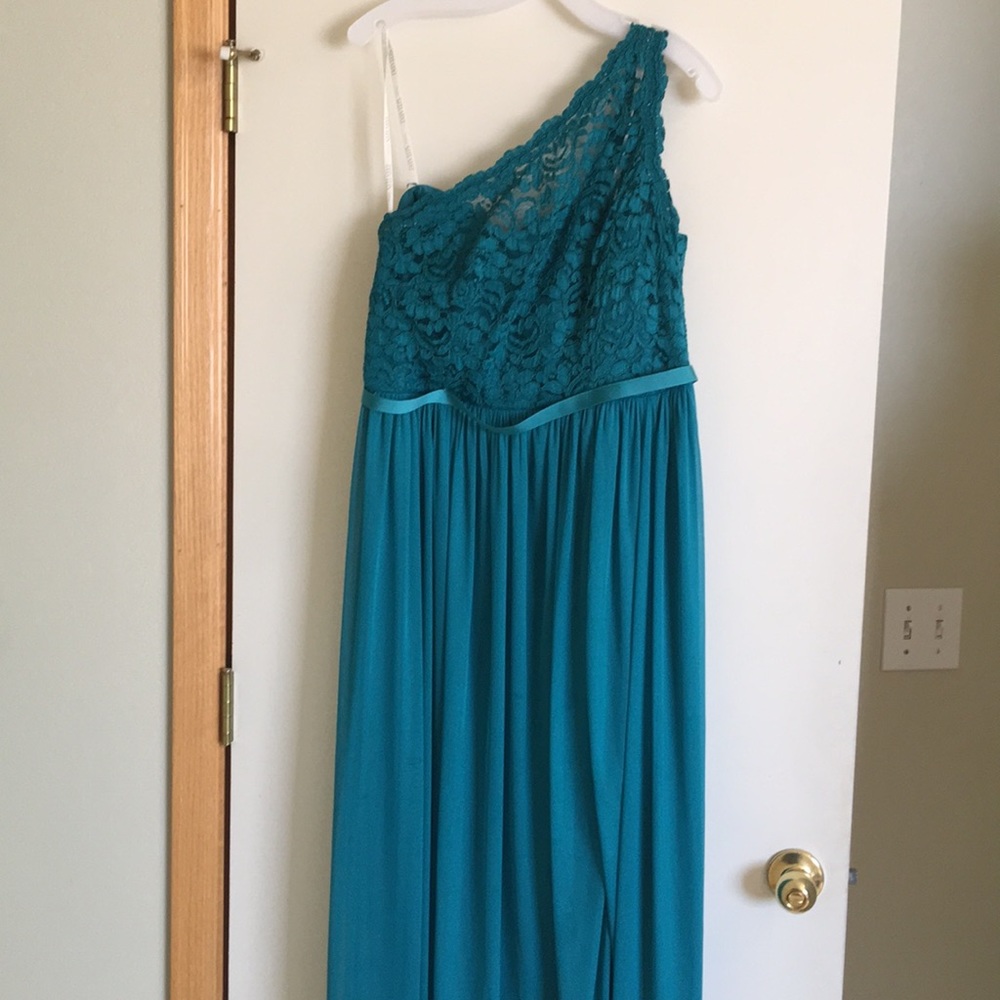 Long one shoulder teal dress